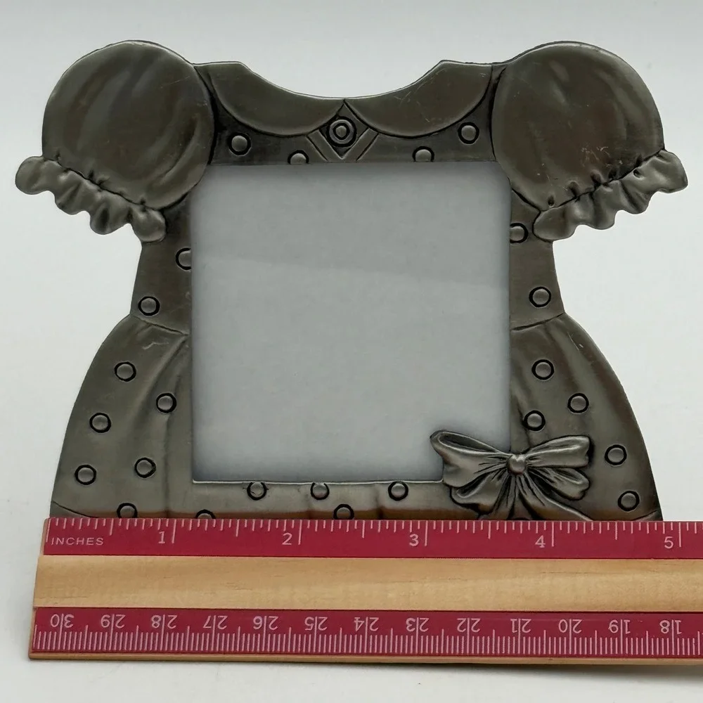 Vintage Pewter Silver Baby Girl Dress Picture Frame Polka Dot Bow Nursery Decor